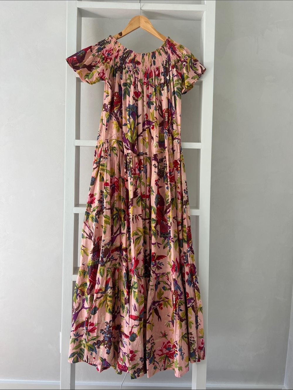 Guadalupe momoposino Pink Floral Maxi Dress with Bird Print